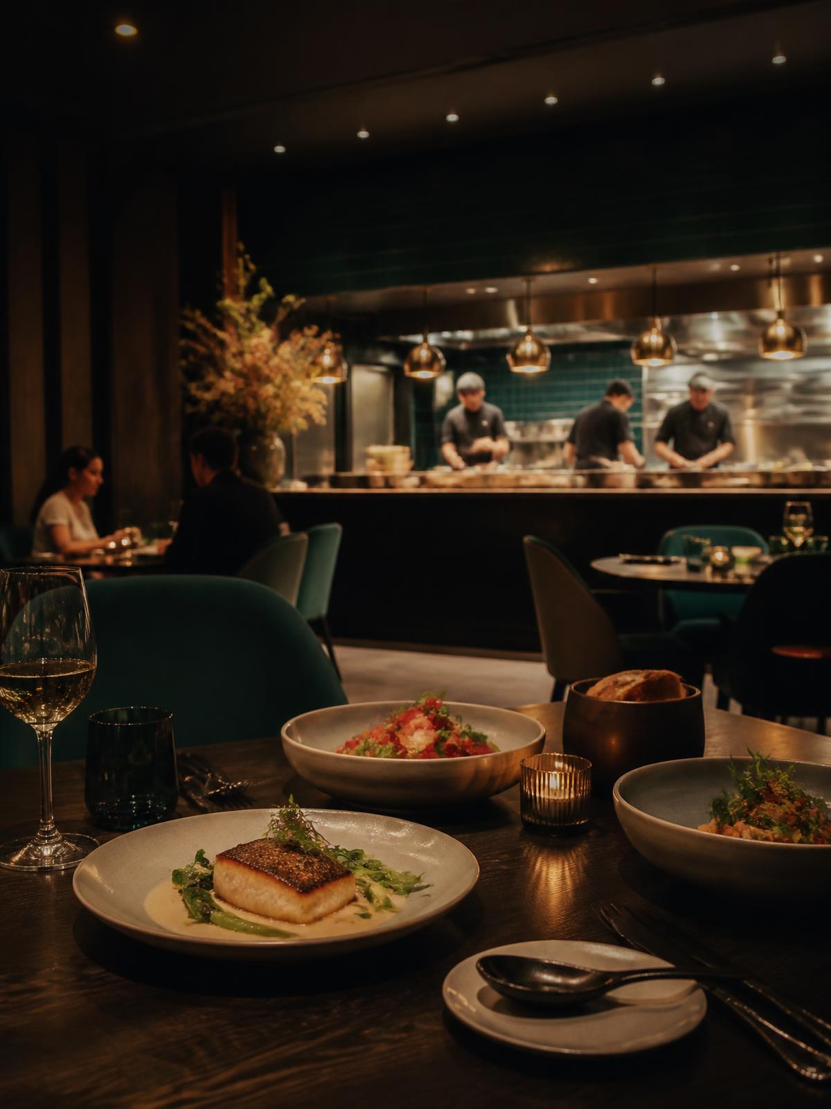 A modern restaurant dining room with an open kitchen and plated dishes